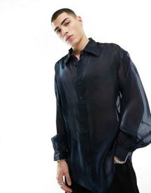 エイソス ASOS DESIGN oversized shirt with blouson sleeve in two tone organza in blue メンズ
