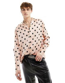 エイソス ASOS DESIGN relaxed satin polka dot shirt with extended cuffs in dusty pink メンズ