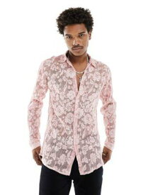 エイソス ASOS DESIGN long sleeve plisse lace shirt in light pink メンズ