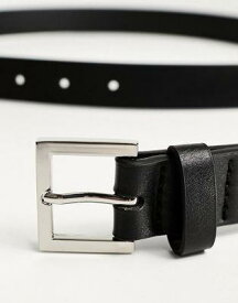 エイソス ASOS DESIGN smart faux leather skinny belt with silver buckle in black メンズ