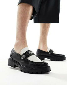 エイソス ASOS DESIGN chunky loafers in black and white faux leather with western details メンズ