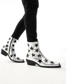 エイソス ASOS DESIGN cuban heeled boots in silver faux leather with star details メンズ
