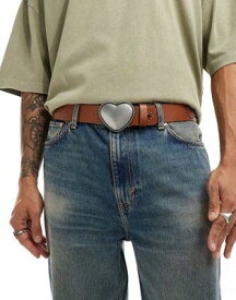 エイソス ASOS DESIGN faux leather belt with studs crystals and a heart buckle in brown メンズ