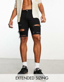 エイソス ASOS DESIGN skinny regular length shorts in black with heavy rip メンズ