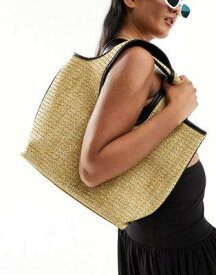 エイソス ASOS DESIGN straw tote bag with black tubular piping in natural レディース