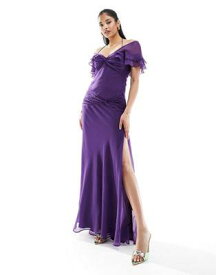 エイソス ASOS DESIGN ruffle bardot maxi dress with twist detail in purple レディース