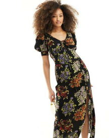 エイソス ASOS DESIGN puff sleeve lace up midi dress in black vintage floral レディース