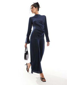 エイソス ASOS DESIGN ruched side cowl neck maxi dress with asymmetric tier in navy レディース