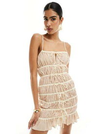 エイソス ASOS DESIGN tiered mini dress with contrast tie straps in stone レディース