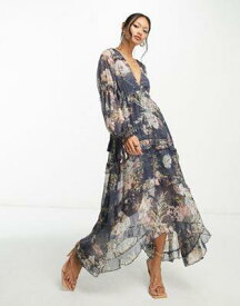 エイソス ASOS DESIGN pleated layered tiered midi dress in navy floral print with lace trim レディース