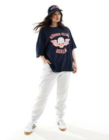 ASOS Curve エイソス ASOS DESIGN Curve boyfriend fit heavyweight t-shirt with rider club rock graphic in navy レディース