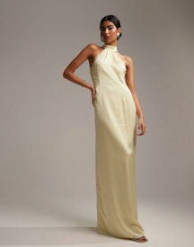 エイソス ASOS DESIGN Bridesmaids lace detail halter column maxi dress in pastel yellow レディース