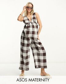 ASOS Maternity エイソス ASOS DESIGN Maternity tiered crinkle frill jumpsuit in brown gingham レディース