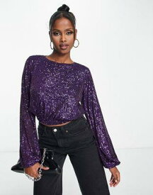 エイソス ASOS DESIGN sequin blouse with balloon sleeve in purple レディース