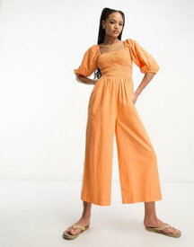 エイソス ASOS DESIGN linen look shirred puff sleeve jumpsuit in orange レディース