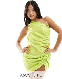 ASOS Petite エイソス ASOS DESIGN Petite satin ruched side mini dress with asymmetric straps in chartreuse レディース