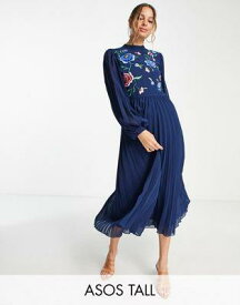 ASOS Tall エイソス ASOS DESIGN Tall high neck pleated long sleeve skater midi dress with embroidery in navy レディース