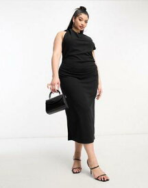 ASOS Curve エイソス ASOS DESIGN Curve high neck ruched shoulder midi dress in black レディース