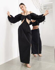 エイソス ASOS EDITION bardot oversized structured puff sleeve maxi dress in black レディース