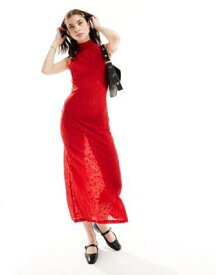 Ghospell high neck textured sheer midi dress in red レディース