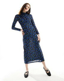 Ghospell long sleeve stretch midi dress in cobalt floral レディース