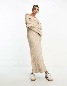 ミスセルフリッジ Miss Selfridge rib chunky foldover bardot knit maxi dress in oatmeal レディース