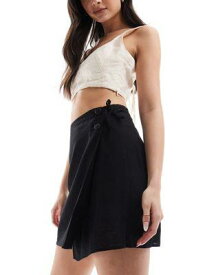 Monki linen wrap tie detail mini skirt in black レディース