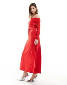 Monki long sleeve off the shoulder full length midi dress in red レディース