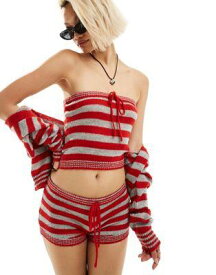 Motel bold stripe micro knitted shorts in red and grey レディース