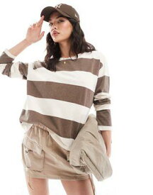 Pull&Bear oversized long sleeve t-shirt in brown stripe レディース