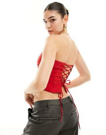 Pull&Bear bandeau top with lace up back in red レディース