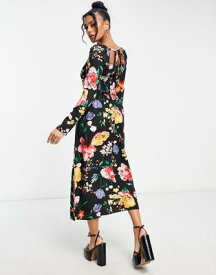 キューイーディーロンドン QED London square neck ruched bust tie back midi dress in large floral print レディース