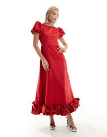 sister jane Sister Jane bow embossed puff sleeve ruffle hem midaxi dress in red レディース