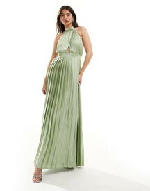 ティーエフエヌシー TFNC Bridesmaid satin pleated halter neck maxi dress with full skirt in sage green レディース
