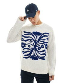 エイソス ASOS DESIGN relaxed fluffy knitted jumper in ecru with blue floral pattern メンズ