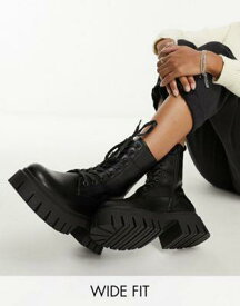 エイソス ASOS DESIGN Wide Fit Anchor chunky lace up boots in black レディース