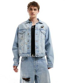 Collusion コリュージョン COLLUSION co-ord denim trucker jacket with rips in lightwash メンズ