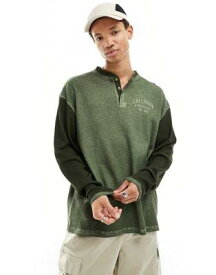 Collusion コリュージョン COLLUSION Varsity long sleeve t-shirt in green and khaki メンズ