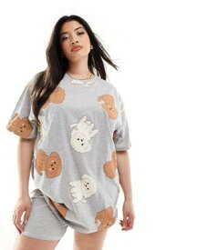 ASOS Curve エイソス ASOS DESIGN Curve sleep tee in dog print with legging short in grey marl レディース