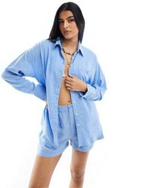 Lindex Magda linen blend oversized beach shirt in blue レディース