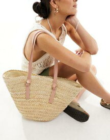 サウスビーチ South Beach shoulder straw beach tote bag in natural with beige contrast strap レディース