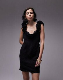 トップショップ Topshop slip mini dress with 3D ruffle sleeve in black jacquard spot レディース