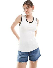 Vila jersey vest top with contrast stitch in cream and black レディース