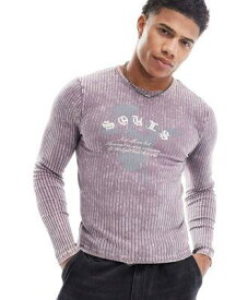 エイソス ASOS DESIGN muscle fit long sleeve t-shirt in washed purple rib with grunge front print メンズ