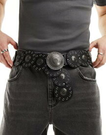 エイソス ASOS DESIGN faux leather disc belt with studs in black メンズ