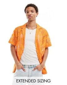 エイソス ASOS DESIGN short sleeve deep revere collar pineapple lace shirt in orange メンズ