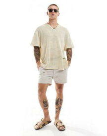 エイソス ASOS DESIGN oversized t-shirt with notch neck in beige crochet メンズ