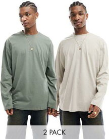 エイソス ASOS DESIGN 2 pack long sleeve oversized fit t-shirts in khaki and taupe メンズ