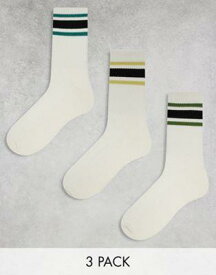 エイソス ASOS DESIGN 3 pack socks with multi colour stripes in white メンズ