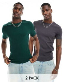 エイソス ASOS DESIGN 2 pack muscle fit rib t-shirts in charcoal and dark green メンズ